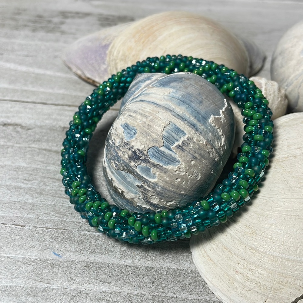 Teal and green crocheted bracelet